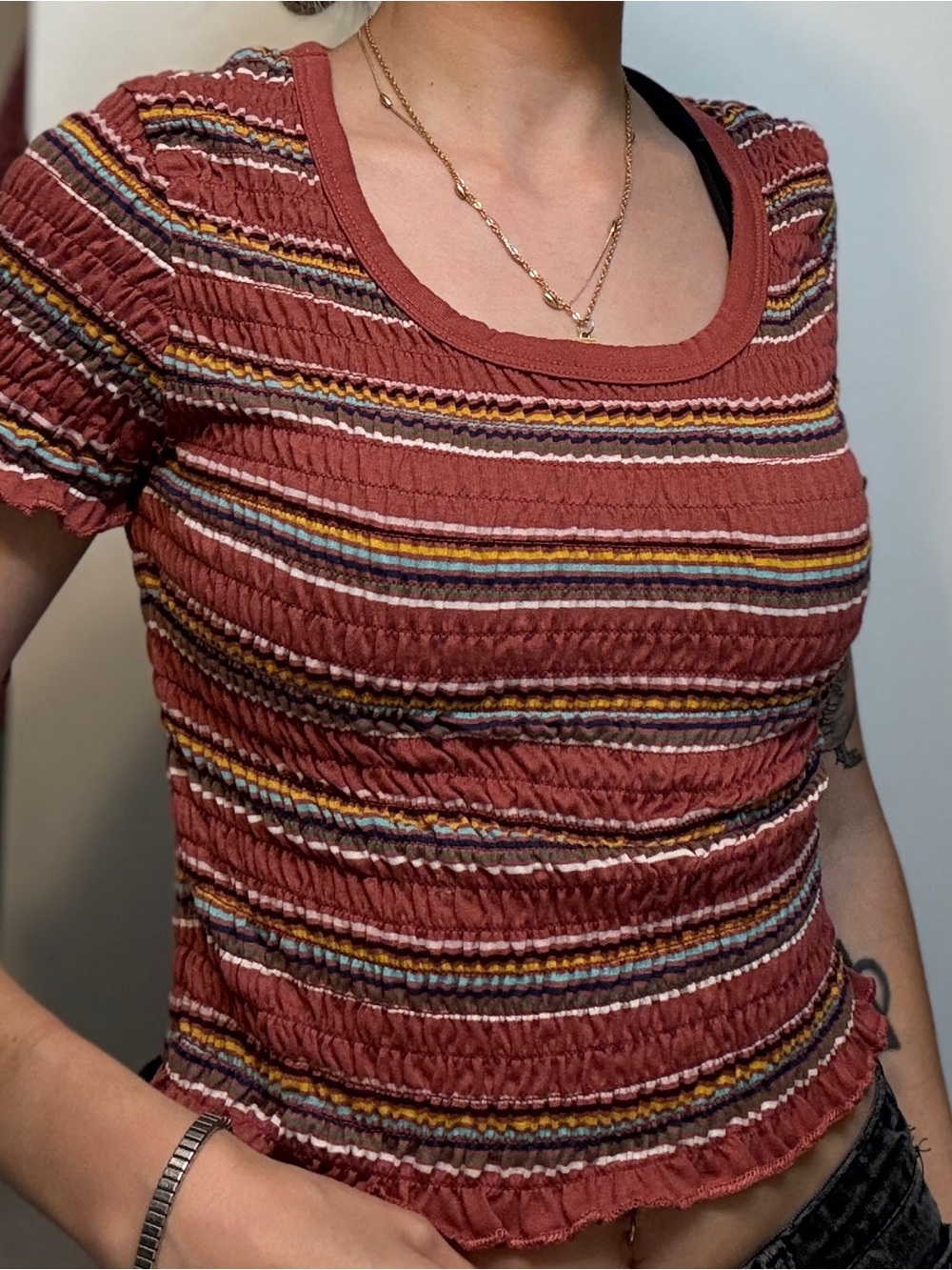 Women's Rust Multi-Stripe Smocked Tee